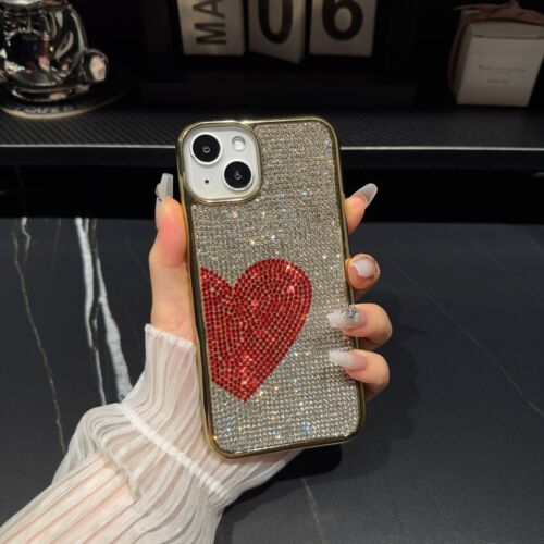 For iPhone 15 Pro Max 14 13 12 Plated Glitter Rhinestone Heart Design Phone Case - Picture 15 of 19