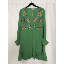 ASOS Green Boho Embroidered Floral Button Front Mini Dress Long Sleeve 10 NEW