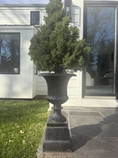 Pair Of Cast Iron Urns With Pedestal Square Base - Color Patinaed Black