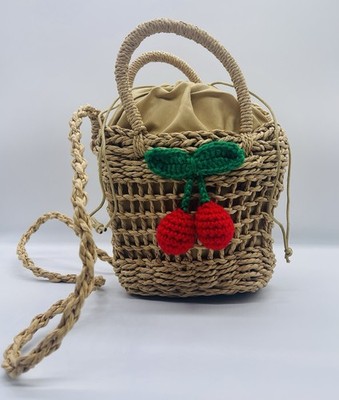 Handcrafted Straw Bag with Cherry Accent - Brown
