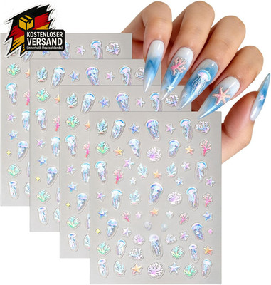 5D Geprägte Ozean Nagelsticker, 4 Blätter Selbstklebende Nailart Aufkleber Mit M