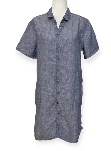 Abito camicia lino blu Tahari L bottoni davanti manica corta tasche leggero - Foto 2 di 11