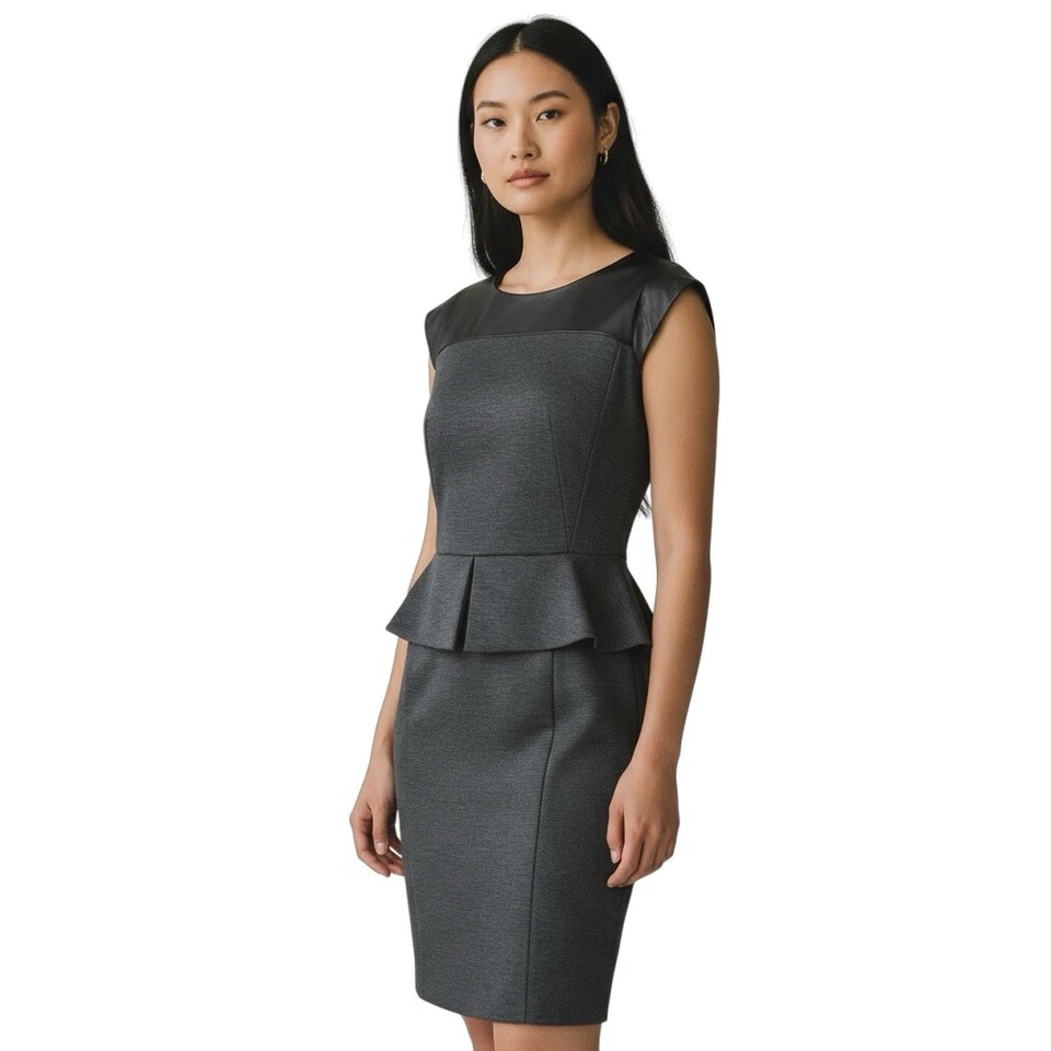 Cynthia Steffe Gray Faux Leather Neckline Cap Sleeve Peplum Sheath Dress Size 6 - Image 2 of 4