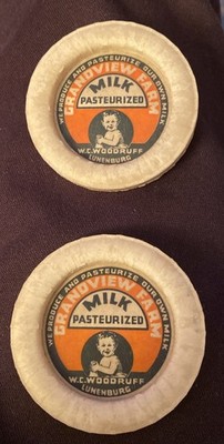 Vtg Two Milk Bottle Caps Grandview Farm Child WC Woodruff Lunenburg Mass