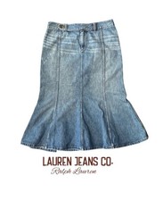 Y2K Vintage Ralph Lauren Denim Midi Skirt Light Flare Hem Light Distressed Sz 6