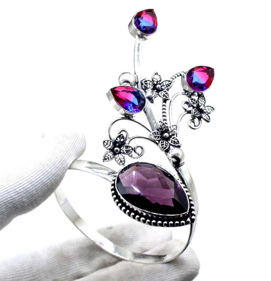 Purple Amethyst Gemstone Handmade 925 Sterling Silver Cuff Bracelet Adjustable - Image 3 of 4