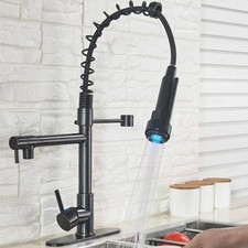 LED Spring Kitchen Sink Faucet Pull Down Sprayer Single Handle Black Mixer Tap