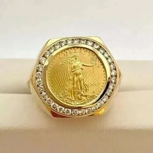 2Ct Round Cut Lab-Created Diamond 14K Yellow Gold Plated Lady Liberty Coin Ring