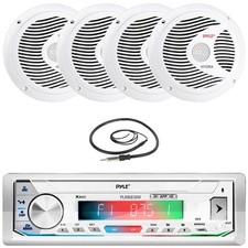 Pyle LCD AUX Marine Receiver, 4x 6.5" 150W Waterproof White Speakers, Antenna