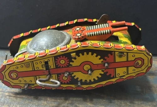 Marx Litho Tin Tank Wind Up Red Cannons Sparking Toy 1930’s