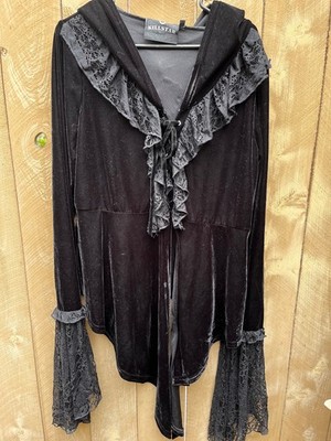 Killstar BLACK Velour Ruffle  Lace Long Sleeve Lace up Hooded Top - Women's 3XL