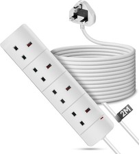 Electric Extension Lead - 4 way 2 Metre lead with UK Plug & 3 Pin Socket - Neon