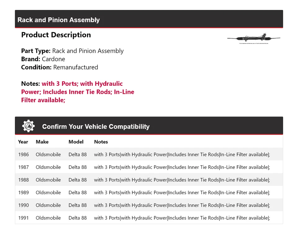 For 1986-1991 Oldsmobile Delta 88 Rack and Pinion Assembly Cardone 1987 1988 - Image 2 of 4