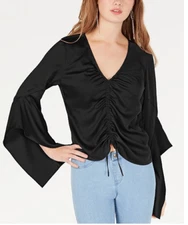 Ultra Flirt  Juniors' Ruched-Front Ruffle-Sleeved Satin Top RW38221 Black L NWT