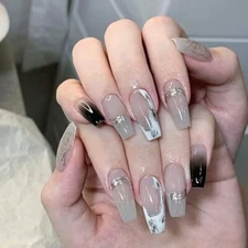 Grey Medium Long Coffin Press on Nails 24Pcs, Acrylic Ombre False Nails with 