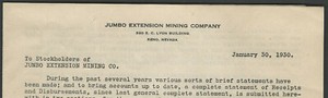JUMBO EXTENSION MINING CO Reno Nevada 1930 Letter to Stockholders GOLD MINING