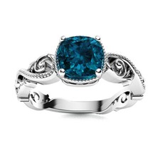 Engraved Designer 5MM Cushion London Blue Topaz 925 Sterling Silver Vintage Ring