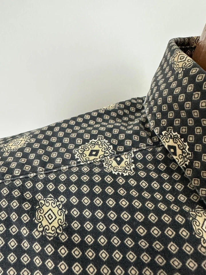 Distressed Medallion Paisley Shirt L Black Beige Long Sleeve Natural Issue FLAWS - Image 3 of 4