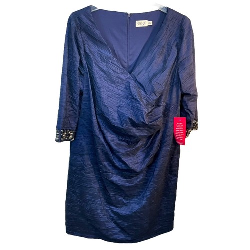 Sz 20W Eliza J Navy Indigo Rhinestone Embellished Cuff Sleeve Cocktail Dress Mid - Picture 5 of 17