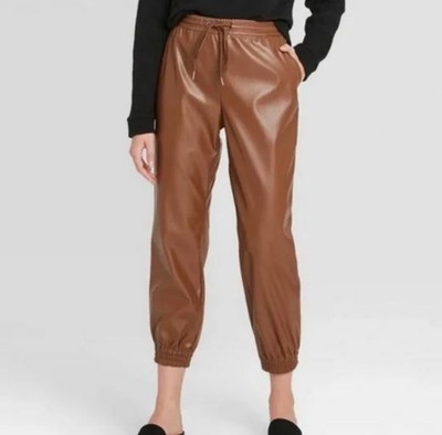 Faux Leather Jogger Pants - Brown SIZE 