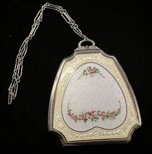 EAM Art Deco Yellow Enamel w/ Roses Guilloche Wristlet Dance Compact—-733