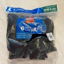Hanes Boys Crew Socks 6 Pack Black Size M 9-2.5 Cushioned Moisture Wicking NEW