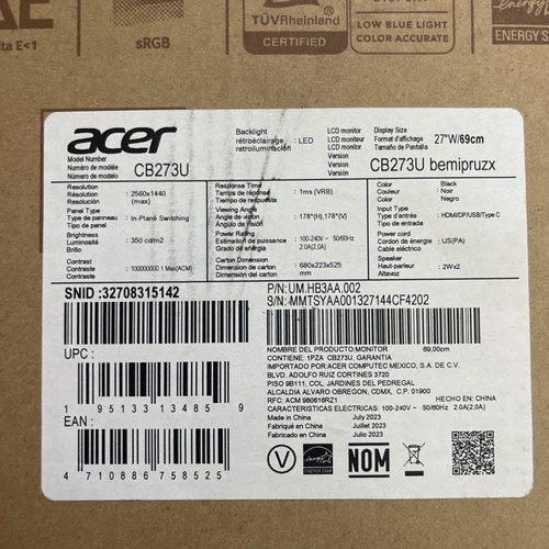 Acer CB273U BEMIPRUZX 27" WQHD IPS LED Gaming Monitor - Black - Picture 3 of 4