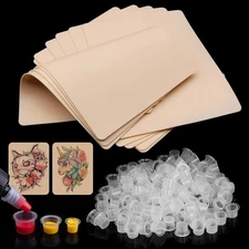 310Pcs Tattoo Practice Skins and Ink Caps Kit - Mixed 300Cups+10Skins, White 