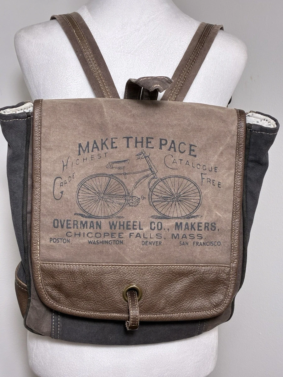 Myra Bag Chateau Vintage-Style Gray and Brown Backpack MCB9341 Myra Bags S-1004 Chateau Upcycled Canvas Backpack Leather  main image 4
