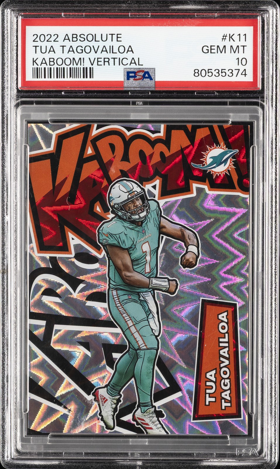 Tua Tagovailoa #K11 Football Cards 2022 Panini Absolute Kaboom Vertical trading card — raw and PSA graded price guide