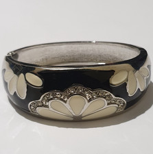 Chunky Silver Tone Crystal Bangle Bracelet Black White Enamel Statement Thick UK
