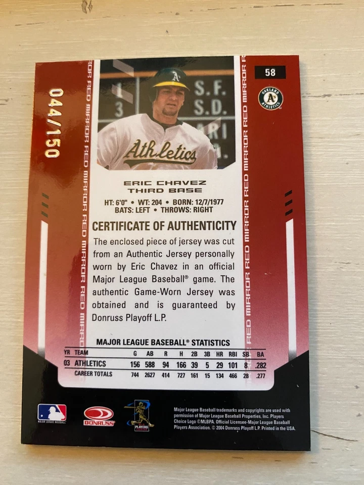 Materiales certificados Leaf 2004 - Eric Chávez #58 tela de espejo rojo/150 (MEM) Foto 2 de 3