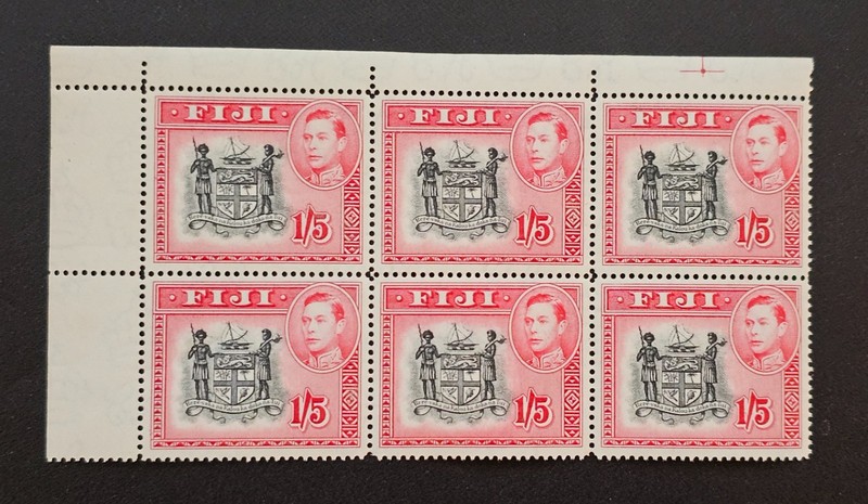 Fiji 1938 KGV1  SG 263 1/5d Carmine Coat of Arms of Fiji Corner BLOCK of 6 MNH