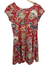 Chaps Denim Red Floral Scoop Back Casual Maxi Shift Dress L  Boho Flirty