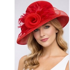 Vintage Red Wool Floral Feather Tulle Derby Tea Party Hat