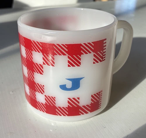 Vintage Westfield Milk Glass White Red Gingham "J" Mug