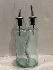 Vintage Wavy Art Deco Oil & Vinegar Cruet Art Green Glass Bottles Made In Italy