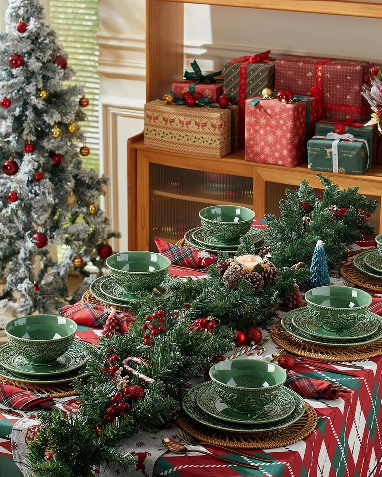 Cuencos de cerámica para árbol de Navidad, cuencos de cereales de 26 OZ para cocina, verde en relieve... Foto 3 de 4