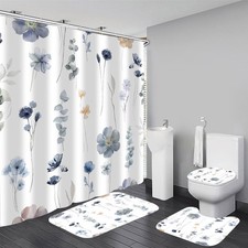 4Pcs Flower Shower Curtain Set with Non-Slip Rugs, Lid Cover and Bath Mat, Mo...