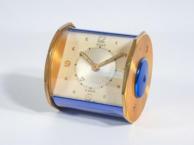 Jaeger Table Alarm Clock OROLOGIO 8 Days Brass Blue Glass Swiss Mechanical 1950s