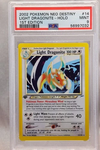 2002 Pokémon Light Dragonite Holo, 1st Edition #14/105, PSA 9 Mint