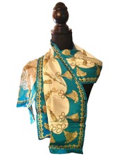 Vintage Oscar De La Renta 100 Silk Scarf Teal Gold Tassel Print 11" x 54"