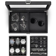 6-Slot Watch Box Organize, Lockable Watch Case with Textured Leather, 2 Layer...