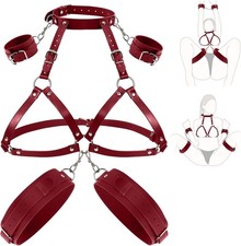 BDSM Sex Bondage Body Harness Restraints Set Collar Wrist Thigh Cuffs Couples