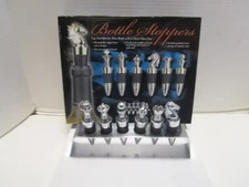 Vintage Metal Wine Bottle Stoppers 6 Chess Designs w/ display stand boxed 8.5" W