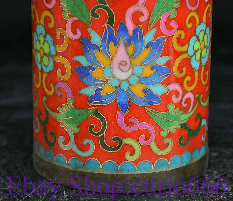 4" Old China Red Cloisonne Enamel Copper Dynasty Flower Brush Pot Pencil Vase - Imagem 3 de 4
