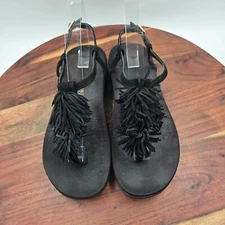 Vionic Sosha Sandals Women's 8 Black Leather Fringe Comfort T-Strap Thong Buckle