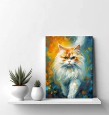 Cute Persian Cat Animal Canvas Print | Colourful Cat Portrait Painting Canvas