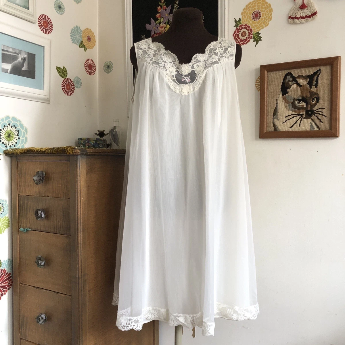 Vintage Chiffon Nightgown 1960s White Trapeze Nightie by Vanity