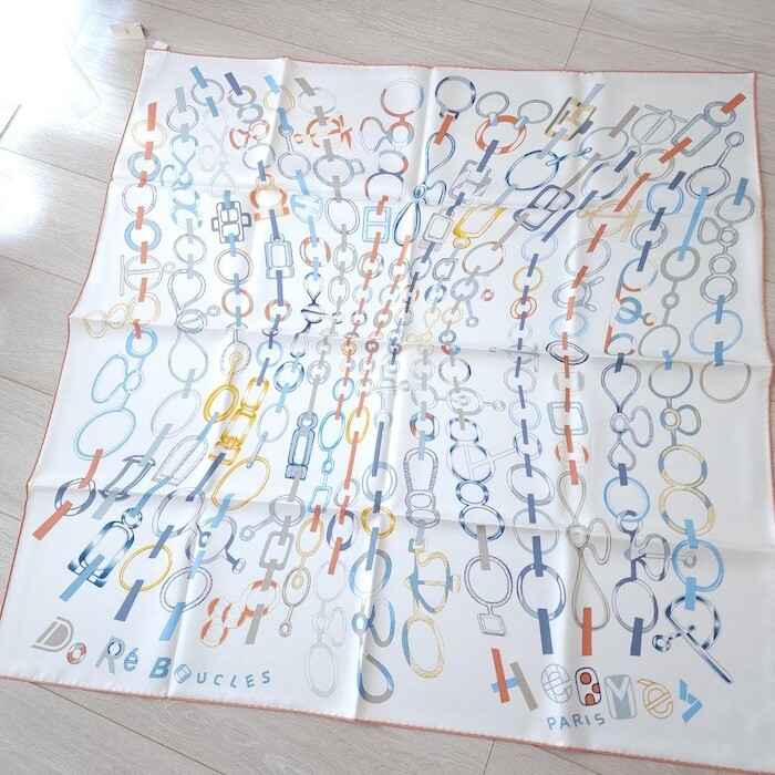 Hermes Scarf Stole Do Re Boucles White Chain Accessory Silk